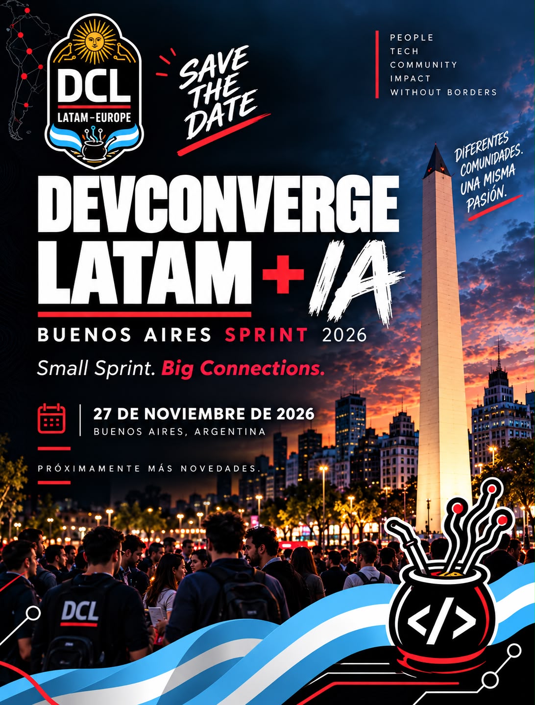 Cartaz do DevConverge LATAM + IA Buenos Aires Sprint 2026, com o Obelisco ao entardecer